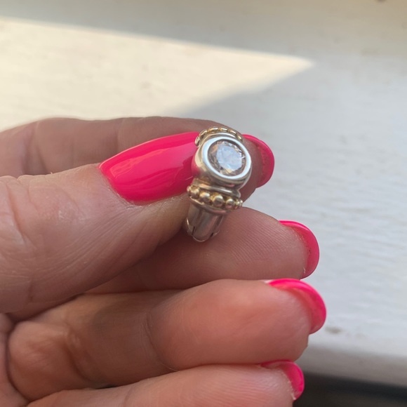 Silver huggy earrings. Center bezel  clear stone with Gold beading surround. - Picture 5 of 6